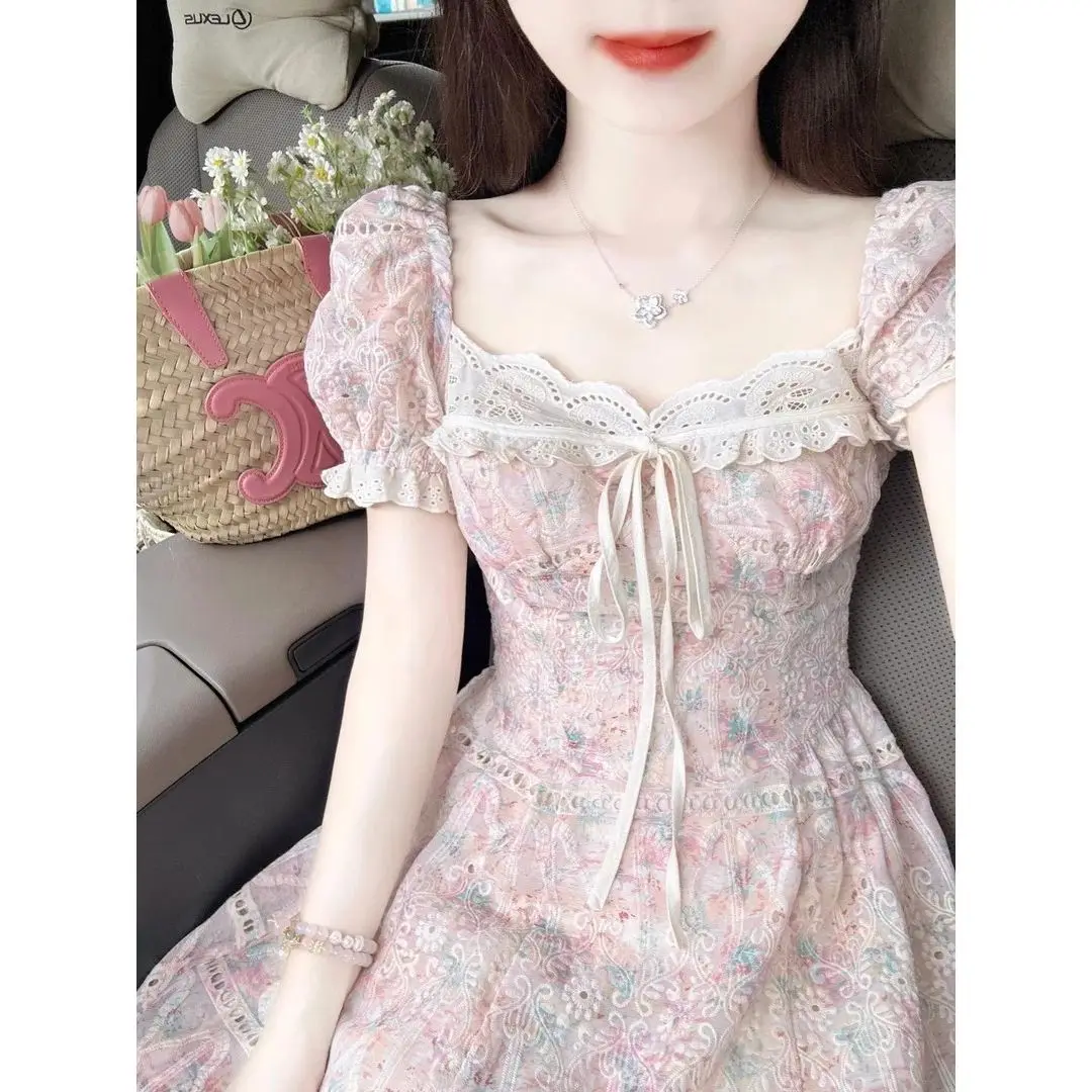 MAGOGO verano estilo francés elegante burbuja manga corta vestido Floral mujeres primavera nuevo agradable arco con cordones vestido largo con cuello cuadrado