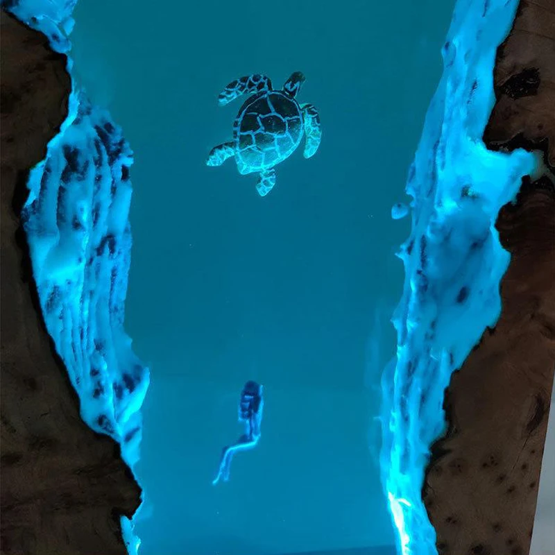 Seabed World Organism Resin Table Light Colorful Creactive Art Decoration Lamp Diver Turtle Theme Night Light USB Charge