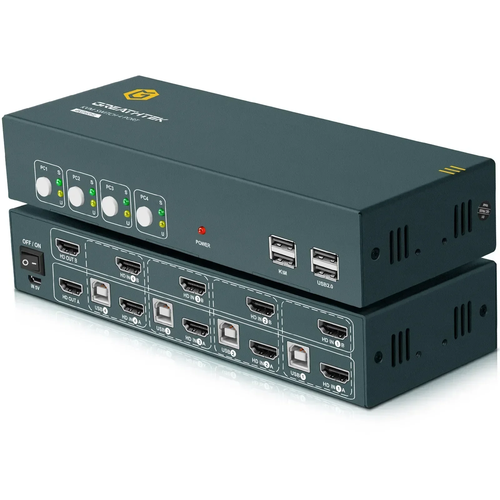 

USB KVM with Dual Display 4 HDMI Ports 4K 60Hz. Switch 4 PCs Perfect for Small Businesses Operate 4 PCs and 2 monitors