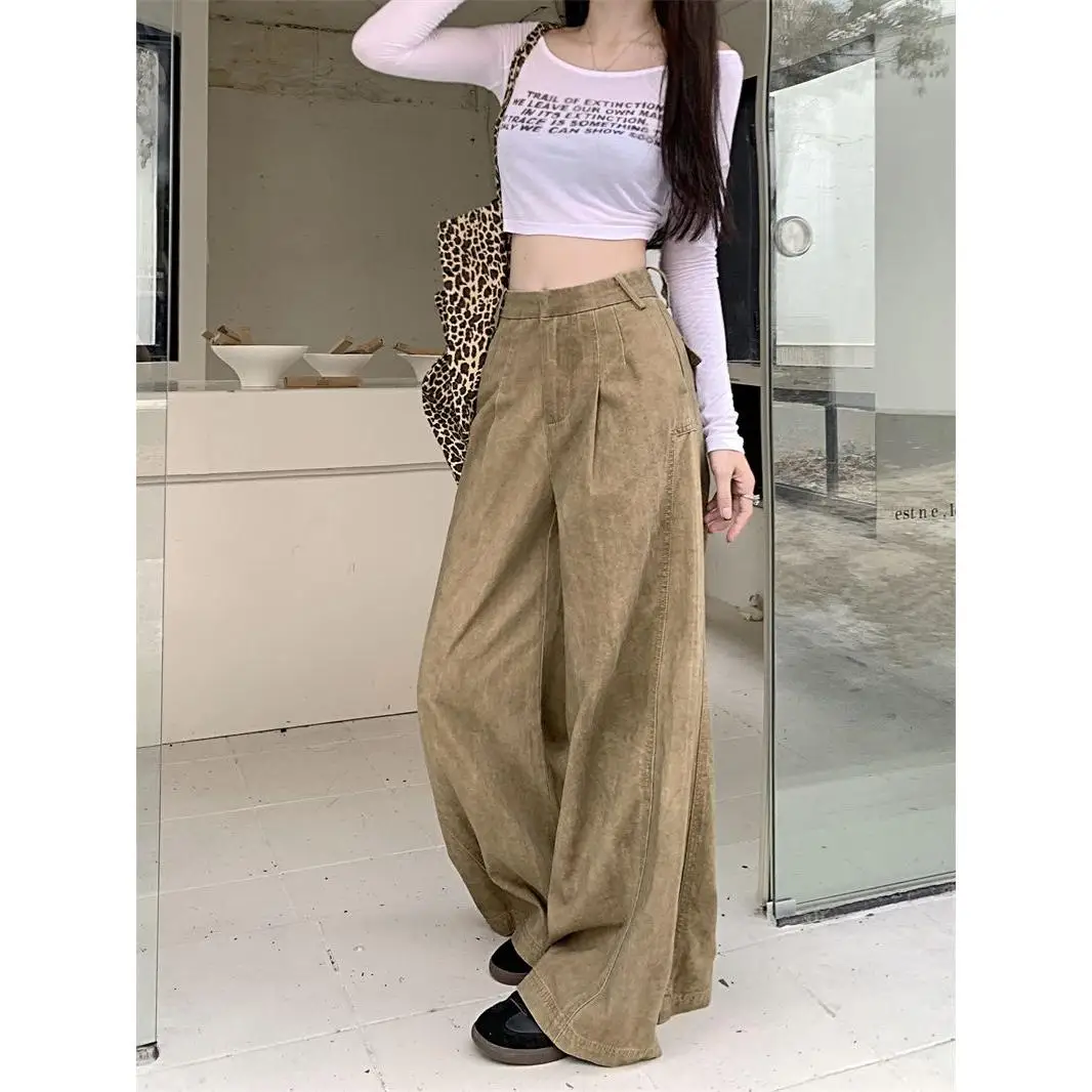 

Американские ретро-джинсы-кюлоты цвета хаки, женские, весна-лето, новые, свободные, в стиле «ленивый шик», длинные брюки до пола