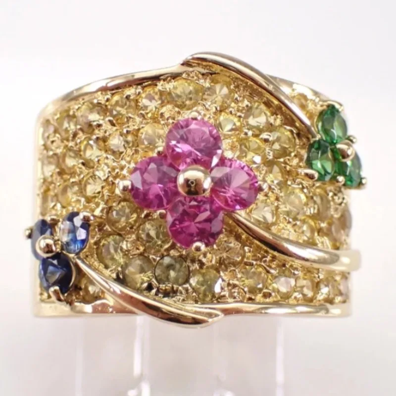 Exquisite Colorful Wide Edge Ring Inlay Brilliant Red Cubic Zircon Floral Pattern Ring Women's Romantic Fresh Style Jewelry