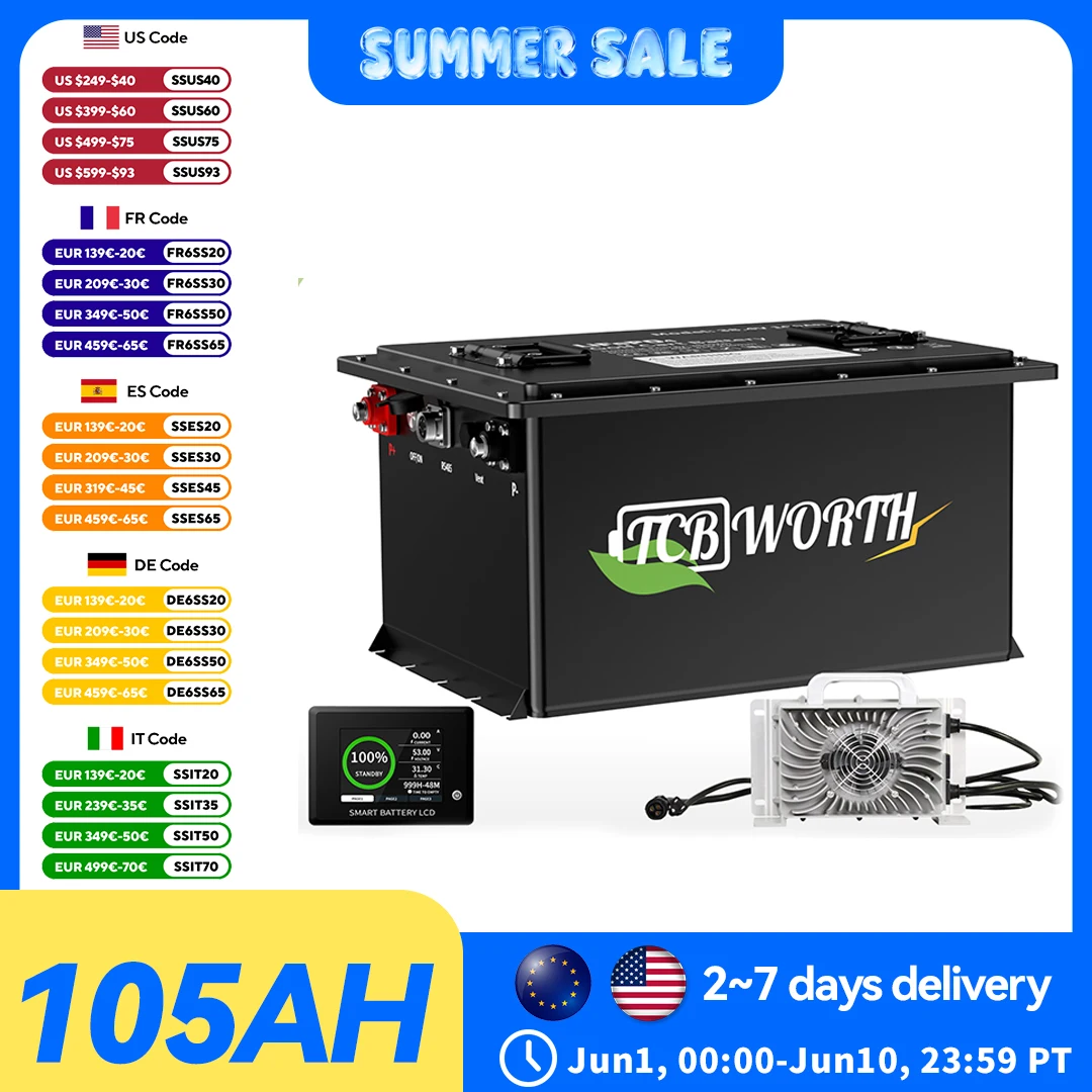 

TCBWORTH 48V 105Ah Golf Cart Lithium Battery,Built-in BMS,Touch Monitor,20A Charger,APP Supported,MAX 10.24 kW,for Golf Carts