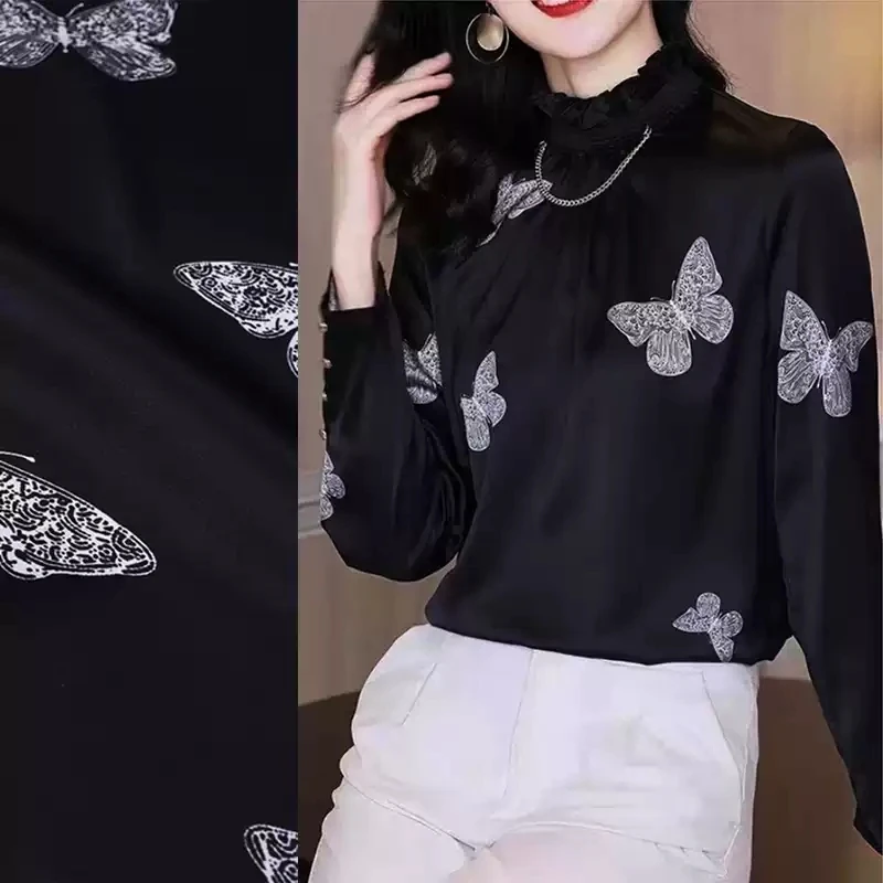 

New Fashion Black Women Super High-end Digital Paint White Butterfly Satin Fabric Heavy Stretchy Natural Silk Fabric Wholesale