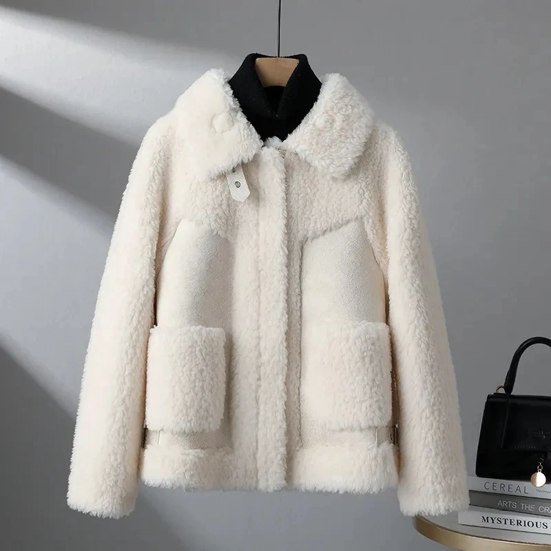 2023 Winter New Particle Splicing Jacket Female Korean Loose Motorcycle Lamb Wool Coat Women\'s Warm Short Zipper Outwear Tops