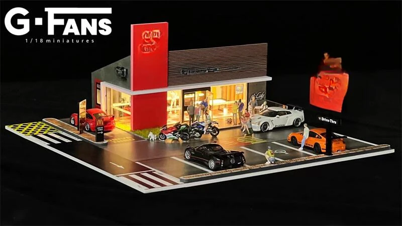 G-FANS 1:64 Led Light Diorama food burger shop scene / LamCenter model Building w/Parking Model diorama