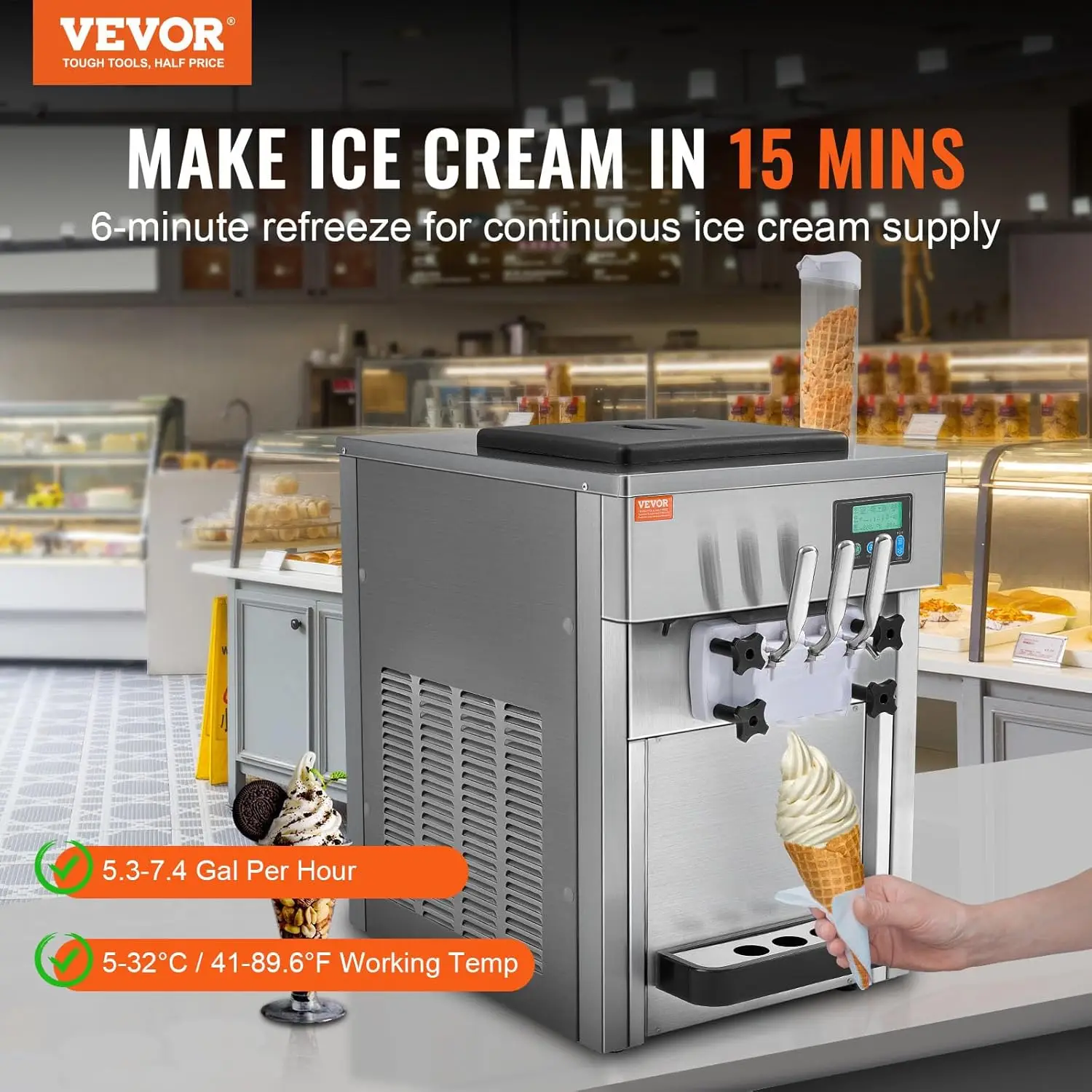 Commercial Ice Cream Machine, 21 QT/H Yield, 1800W 3-Flavor Countertop Soft Serve Ice Cream Maker,for Restaurant Snack Bar