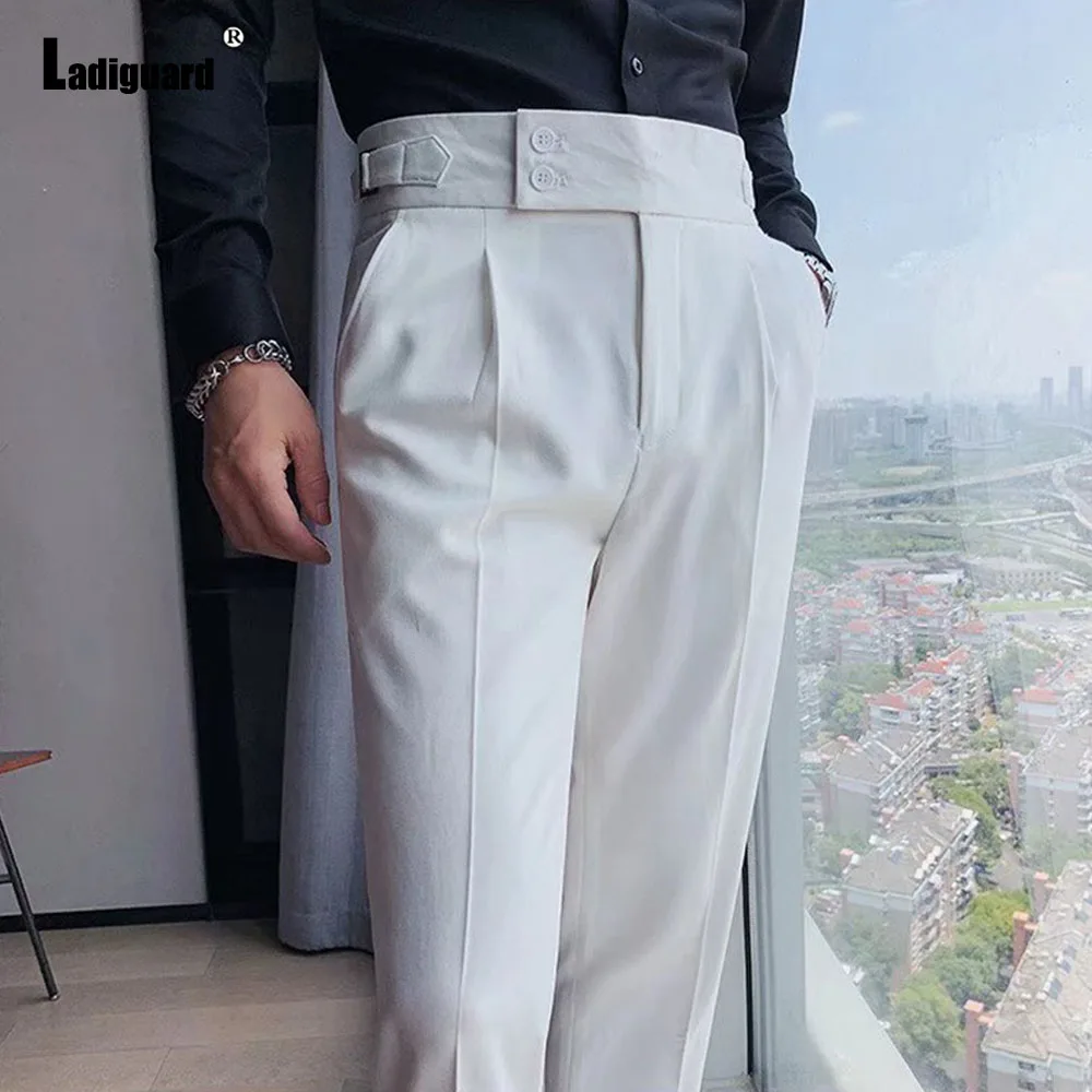 Men Elegant Formal Suit Pants for Party Wedding Solid Khaki Stand Pocket Trousers Italian Naples Fashion Buttons Up Suits Pants