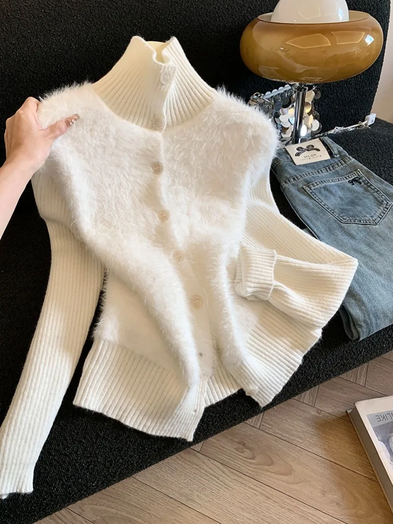 

Мягкая уютная вязаная куртка-пэчворк с воротником-стойкой, модный дизайн, осенне-зимняя новинка, теплый топ для женщин