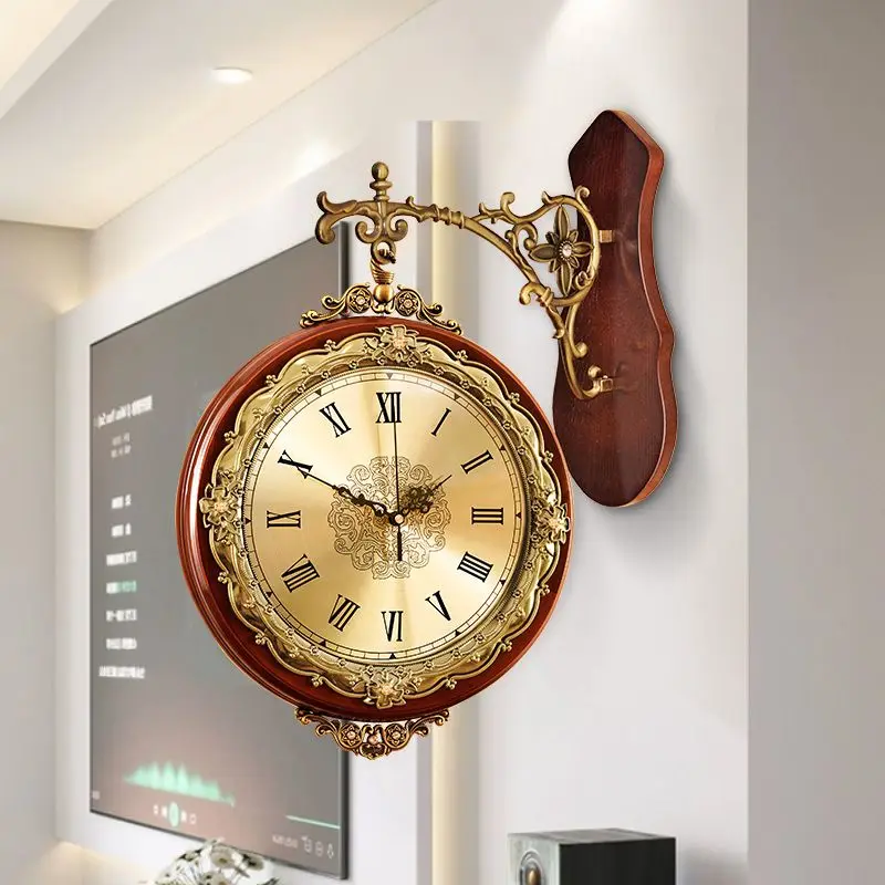 Wooden Wall Clock Living Room Double-sided Clocks Vintage Room Decoration Luxury Wall Watch Silent Entrance Hall Decoration
