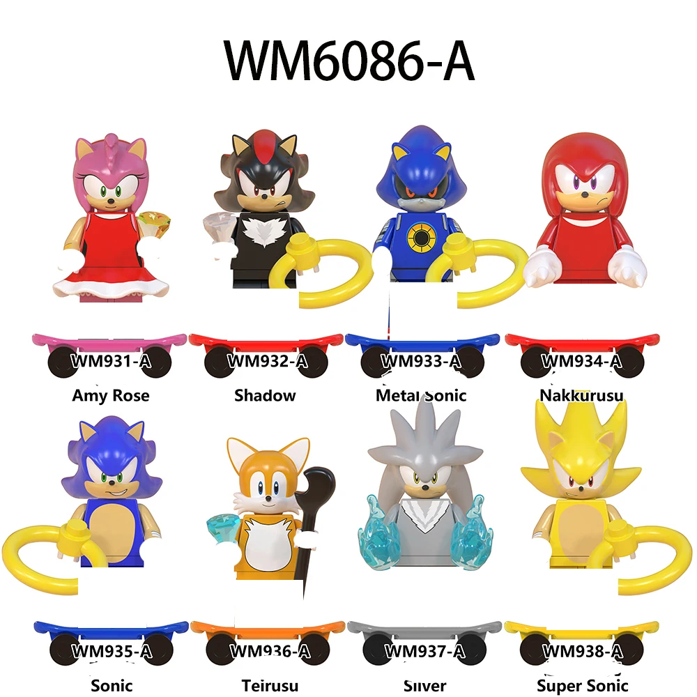 Beliebte Anime Hedgehog Man WM6086 WM6087 WM6088 Serie Verschiedene Charakter-Bausätze mit Skateboard und Bausteinen