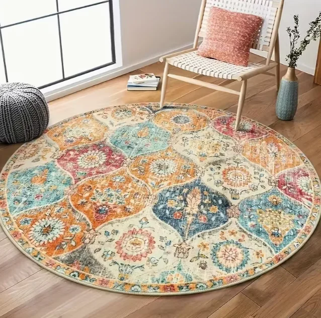 Vibrant Floral Round Mat Retro Persian Design for Living Room Study Picnic Colorful Paisley Backing Perfect Indoor & Outdoor Us