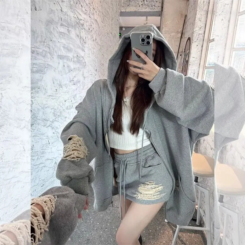

Sports Style Suit Women's Spring Loose Hooded Long-sleeved Hole Jacket High Waist Skirt Two-piece Set Fashion Female Clothes