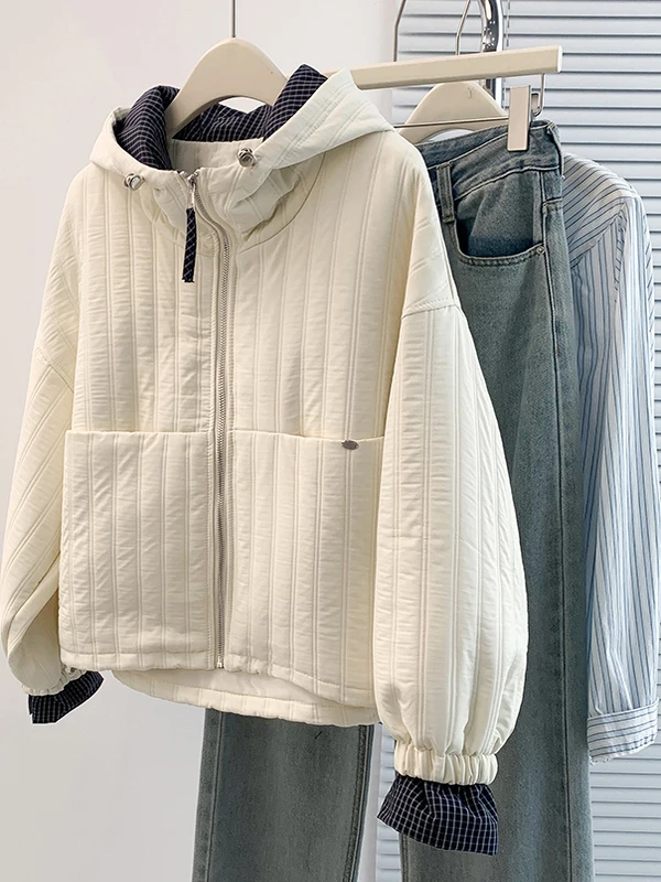 فضفاض عارضة المرأة القطن Jaet مقنعين المرقعة irt موسم الخريف الأوروبية والكورية Sle مريحة طويلة Sve سستة #4