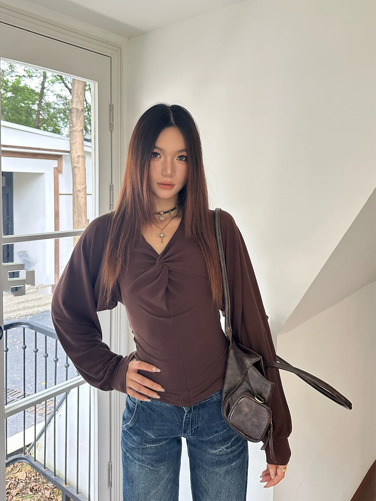 GOGOBURN Women's Long Sleeve T-Shirt Set Neck Hanging Strap Cardigan Shoulder Shawl Slimming Top Comfortable Commute Style