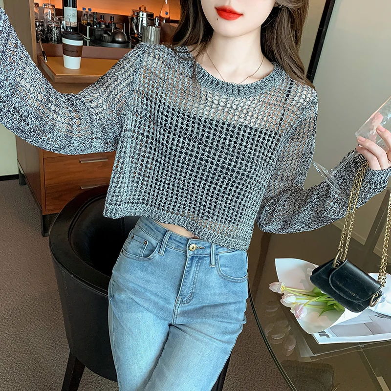 Ladies Fashion Mesh Knitted Pullover Sweater Women Clothing Girls Summer Autumn Casual Hollowed Out Tops Female Clothes PA80082