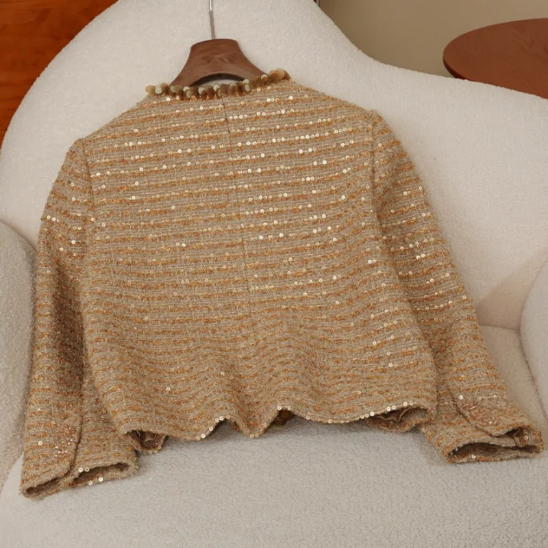 High Quality Luxury Fragrance Wool Blend Shiny Jacket Women Fashion Round Neck Long Sleeve French Elegant Lady Tweed Jacket