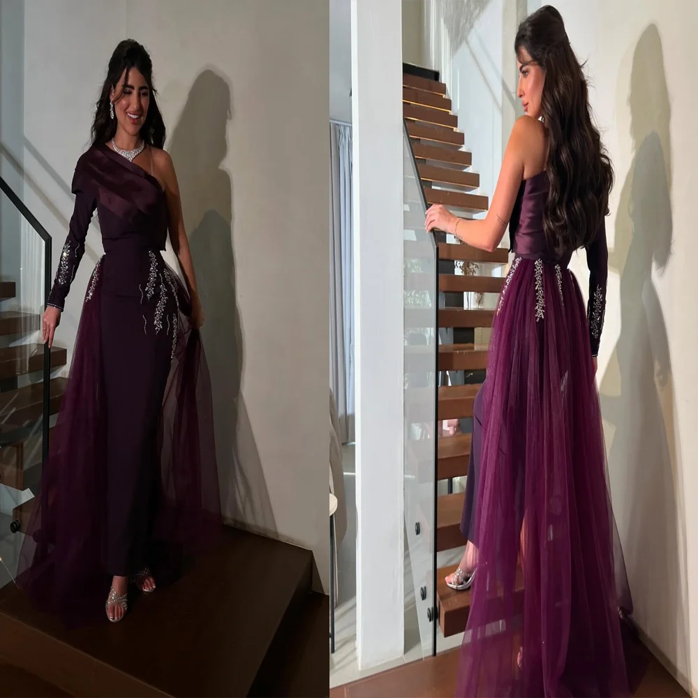 

Elegant One Shoulder Satin Evening Dress with Shiny Crystal Sheath Long Saudi Prom Gown with Detachable Train Customized