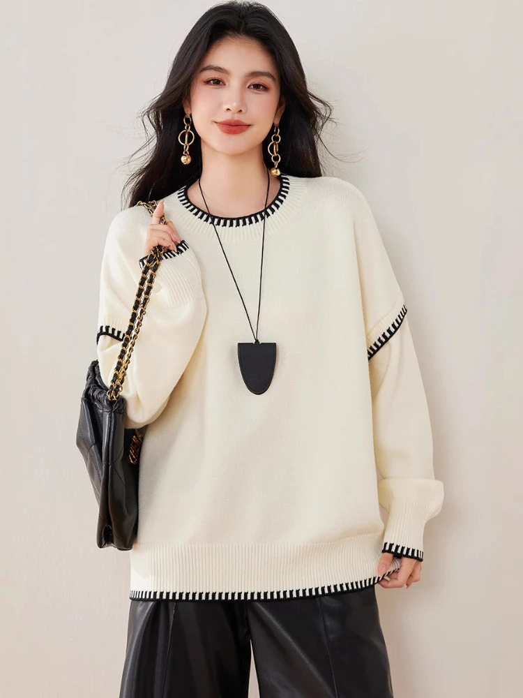 

Autumn Winter New Soft Lazy Style Loose Knit Base Top Splicing Color Pullover Sweater Korean Retro O-Neck Gray Sweater for Women