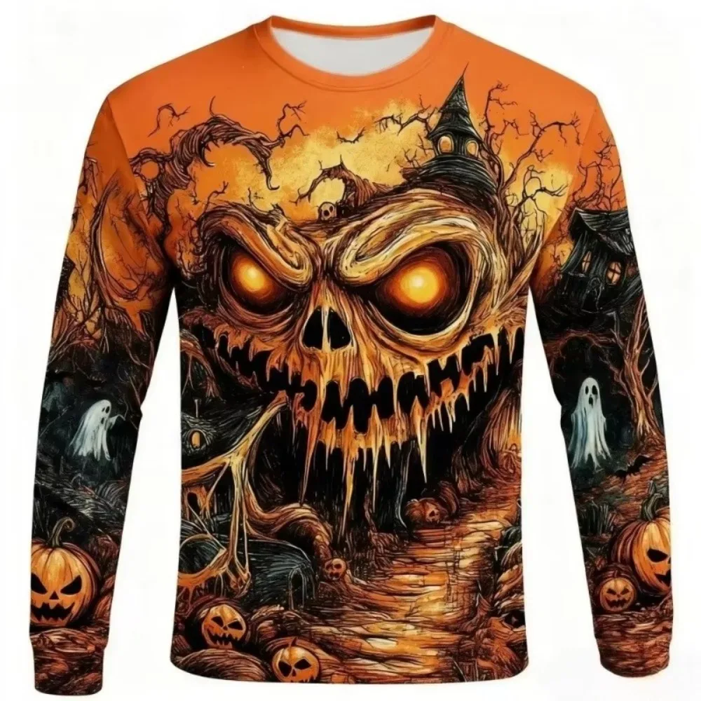 Halloween Pumpkin Haunted House Bat Ghost 3D Print Men's Crew-neck Long-sleeved T-shirt -casual Party Streetwear, Breathable Top