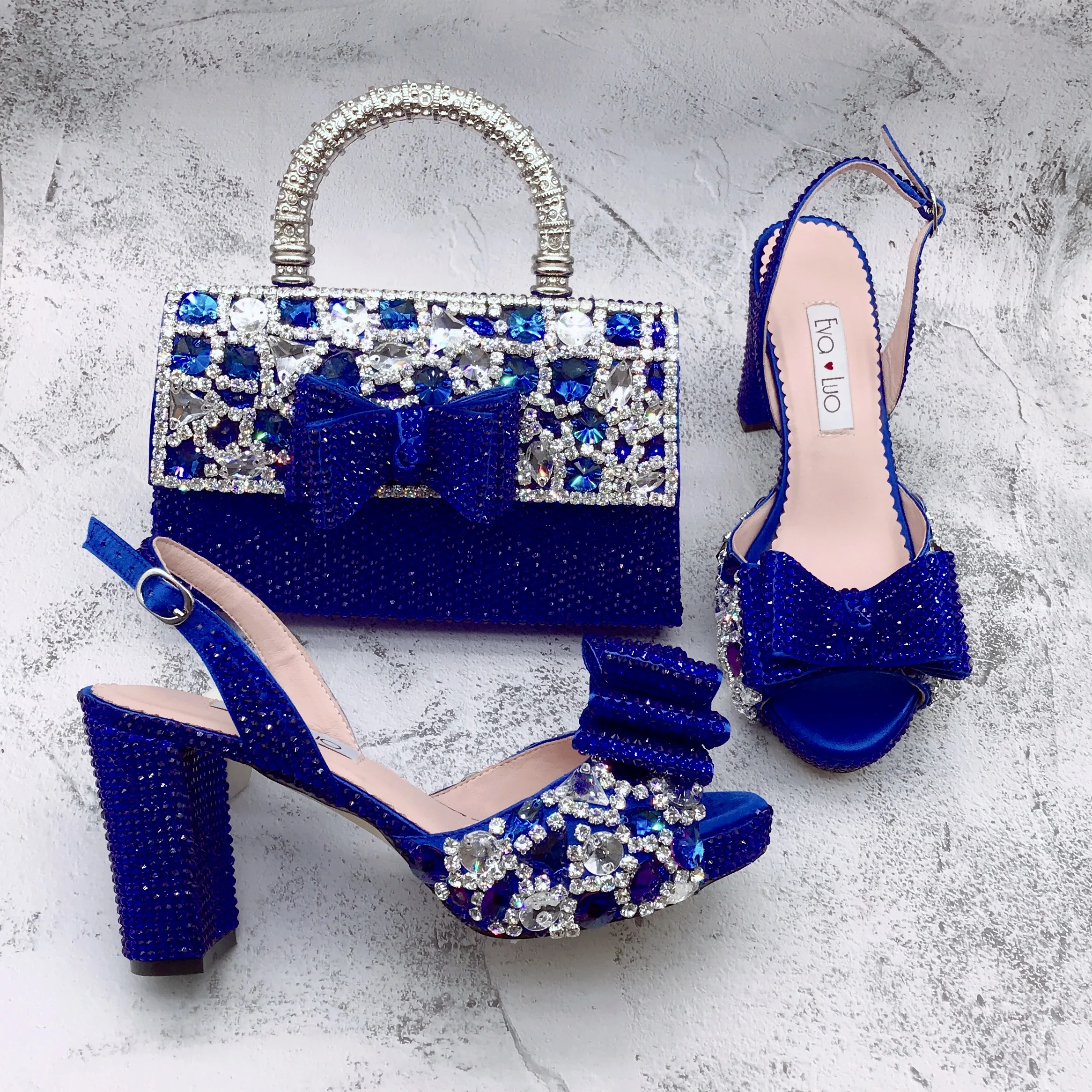 BS1737 Luxury  Shinning Custom Made Royal Blue Crystal Rhinestone Nigerian Italian Shoes And Bag Set For Birthday Wedding Party