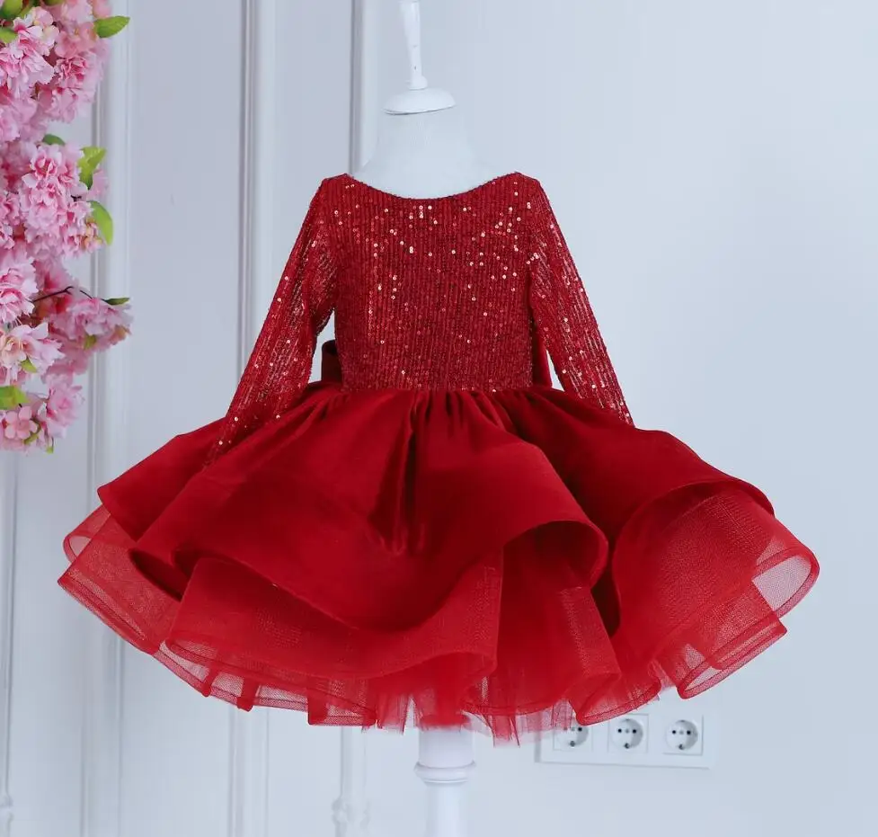 Vestido de tule vermelho do bebê, Mangas compridas, Top lantejoulas, Vestido de aniversário da princesa, Vestido de festa, Fofo