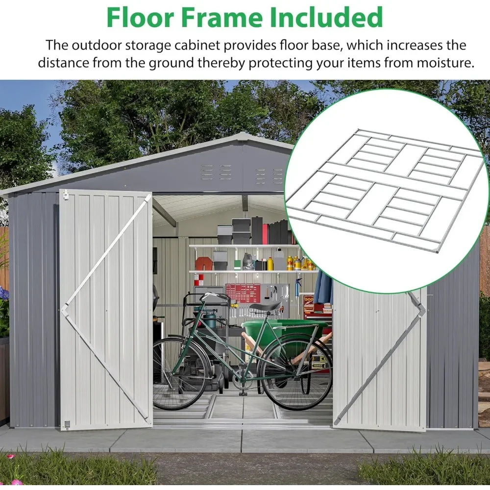 11 x 13FT outdoor metal storage shed with floor frame base, galvanized steel garden shed with 4 ventilation openings