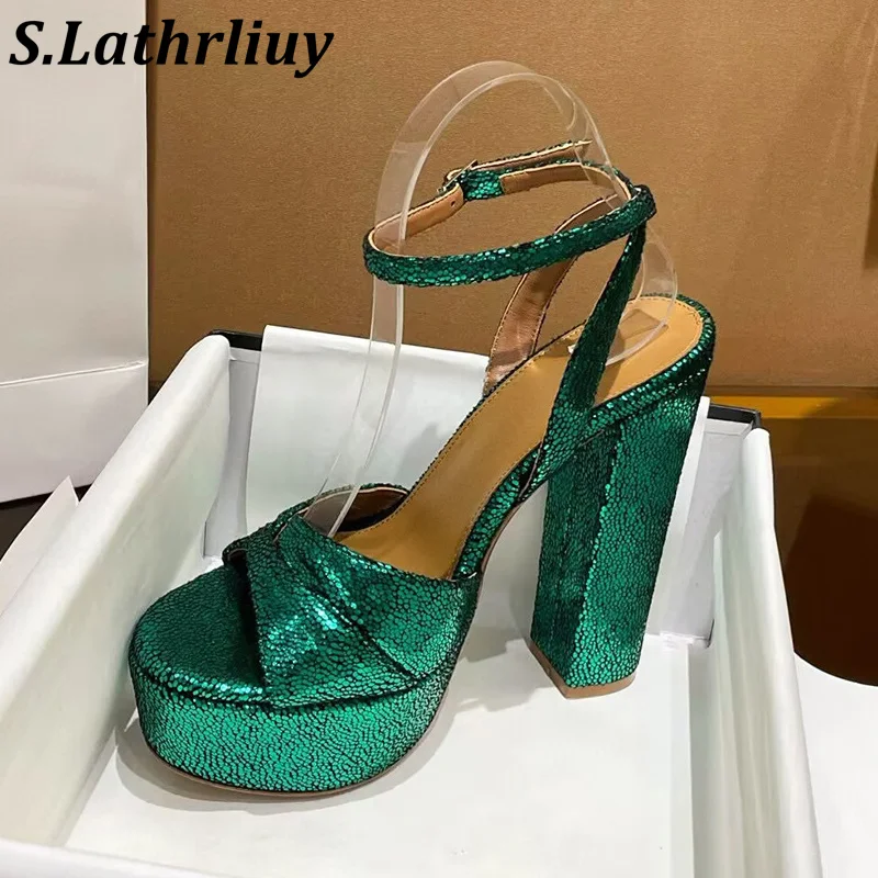 

Summer Women Shiny Crystal Thick Soled High-Heel Sandals Ankle Straps Exposed Toes Bling Bling Rhinestone Sandalias Party Shoes