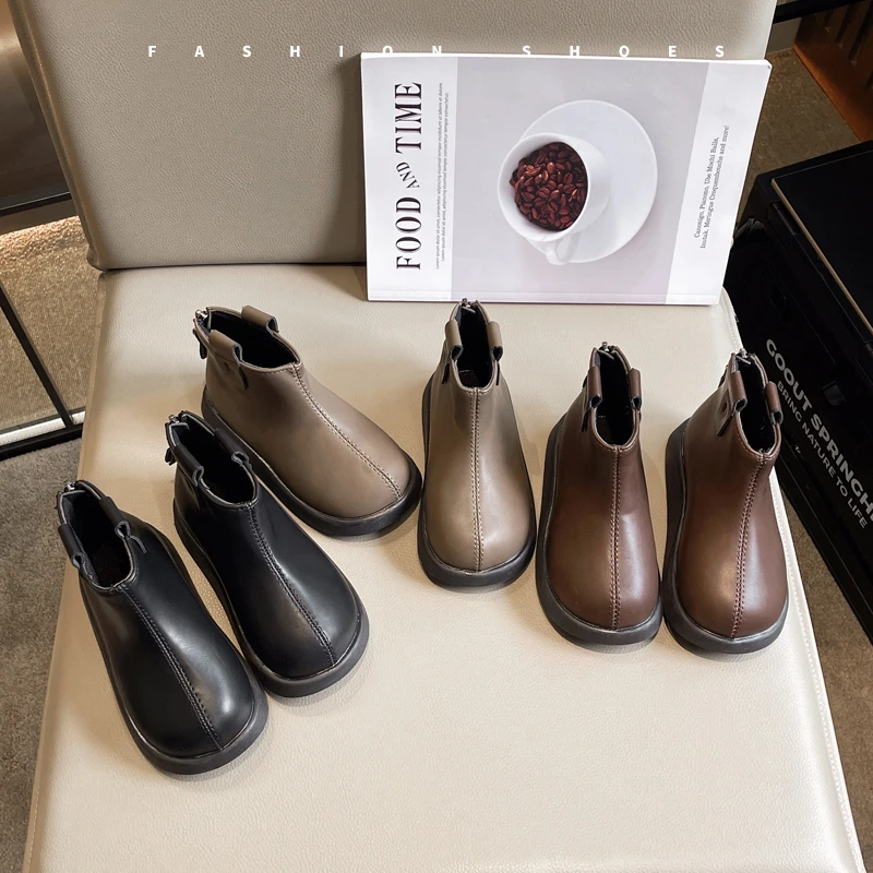 Kids Ankle Boots Round Toes Girls Princess Short Boots Korean Style Versatile 2026 Autumn New Children Leather Boots Back Zipper