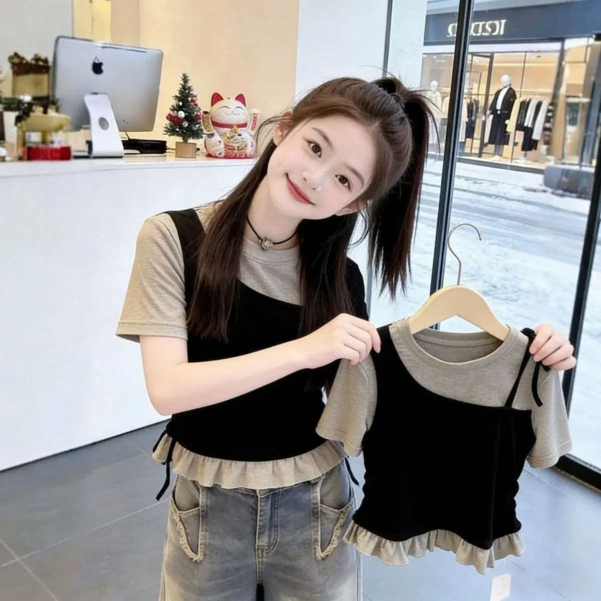 Summer New Girls Patchwork Letter Slim Fit T-Shirt Toddler 4-12 Years Korea Style Bear Print Narrow Waist Teenager Clothing