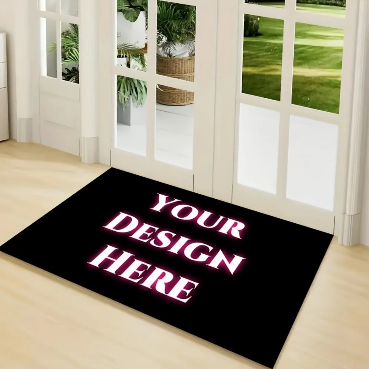 A customizable welcome mat that can be personalized with images, logos, and text. Lightweight and washable, it is ideal for vari