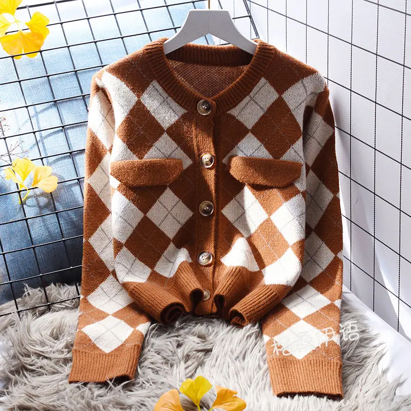 Women Vintage Classic Argyle Chic Single Breasted Outewear Knitted Cardigan Y2K Casual Round Neck Long Sleeve Loose Sweater Coat