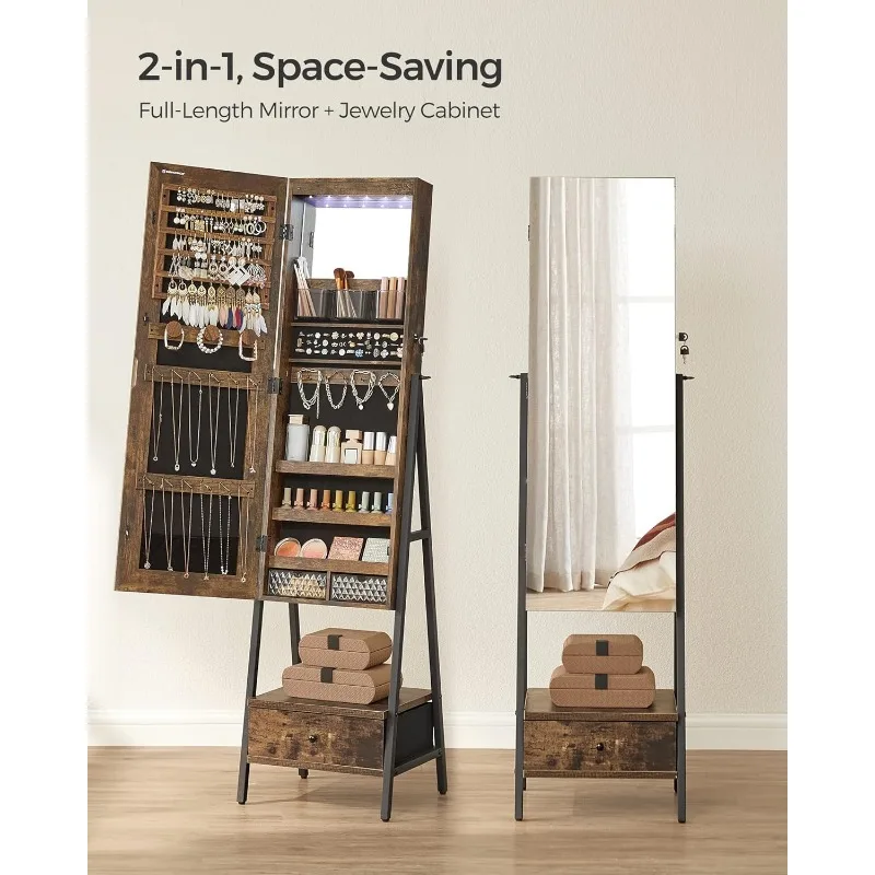 Cabinet Standing, Lockable Jewelry Armoire with Full-Length Mirror, Space-Saving Jewelry Organizer with Mirror, Bottom