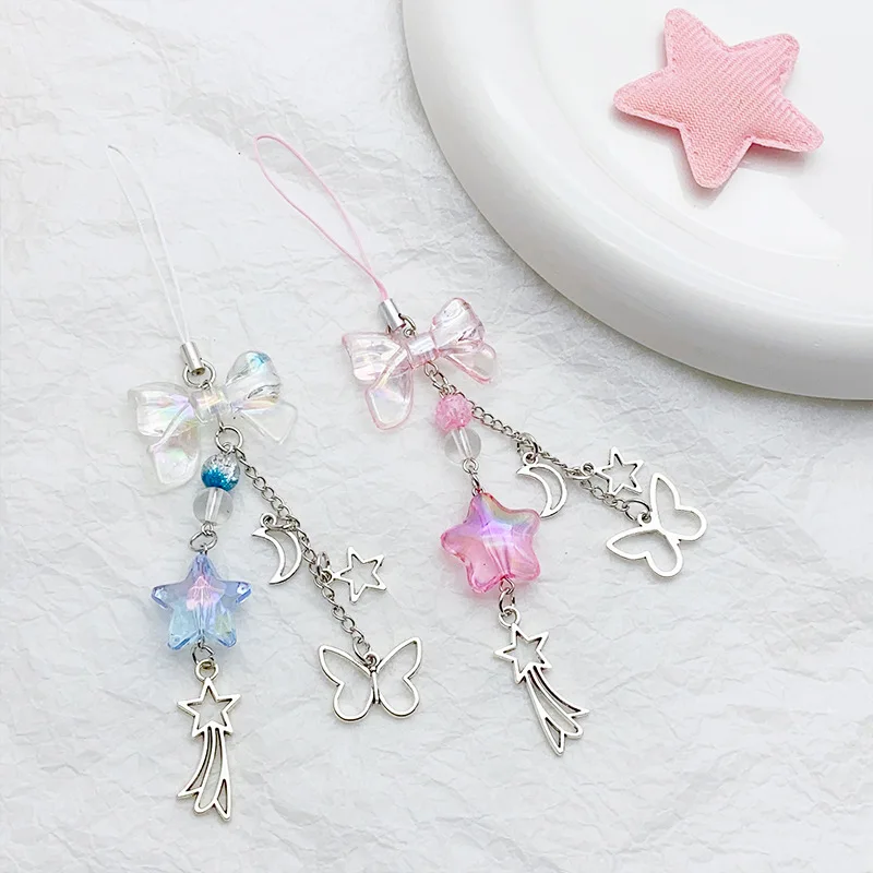 Y2K Pink Blue Star Moon Bow Keychain Cute Bowknot Comet Butterfly Key Chain Couple Phone Charm Mobile Case Friendship Lanyard