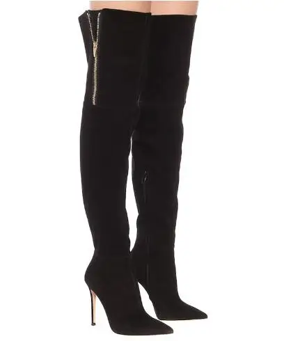 

Hot Women Black Suede Leather Gold Zipper Decor Slim Over The Knee Boots Female Run Way Thin High Heel Thigh Long Boots Shoes