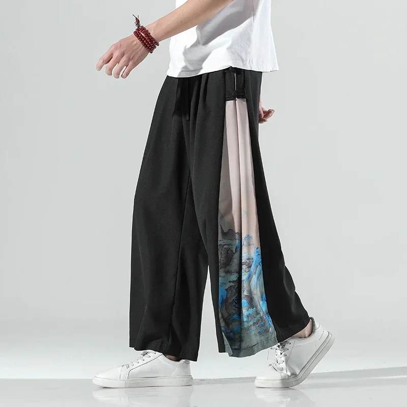 

Summer Men Japan Samurai and Thai Wide Leg Lce Silk Pants Chinese Urban Streetwear Loose Long Bottoms Trousers