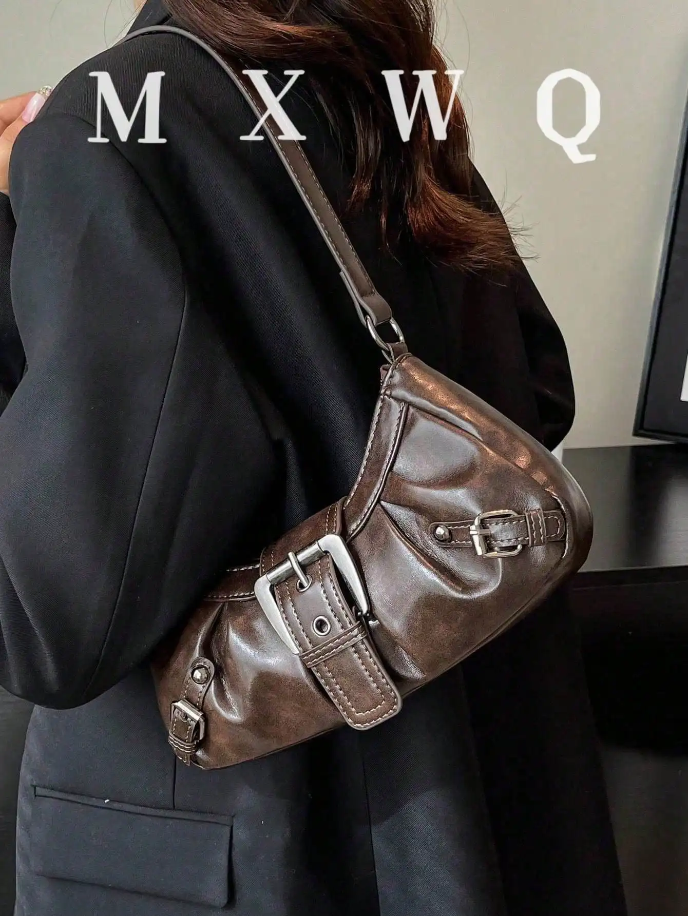 

1pc Women's Vintage Vibe Multifunction Stud-Decor Adjustable Strap Large Capacity Soft Faux Leather Gradient Underarm Bag, Suitable For