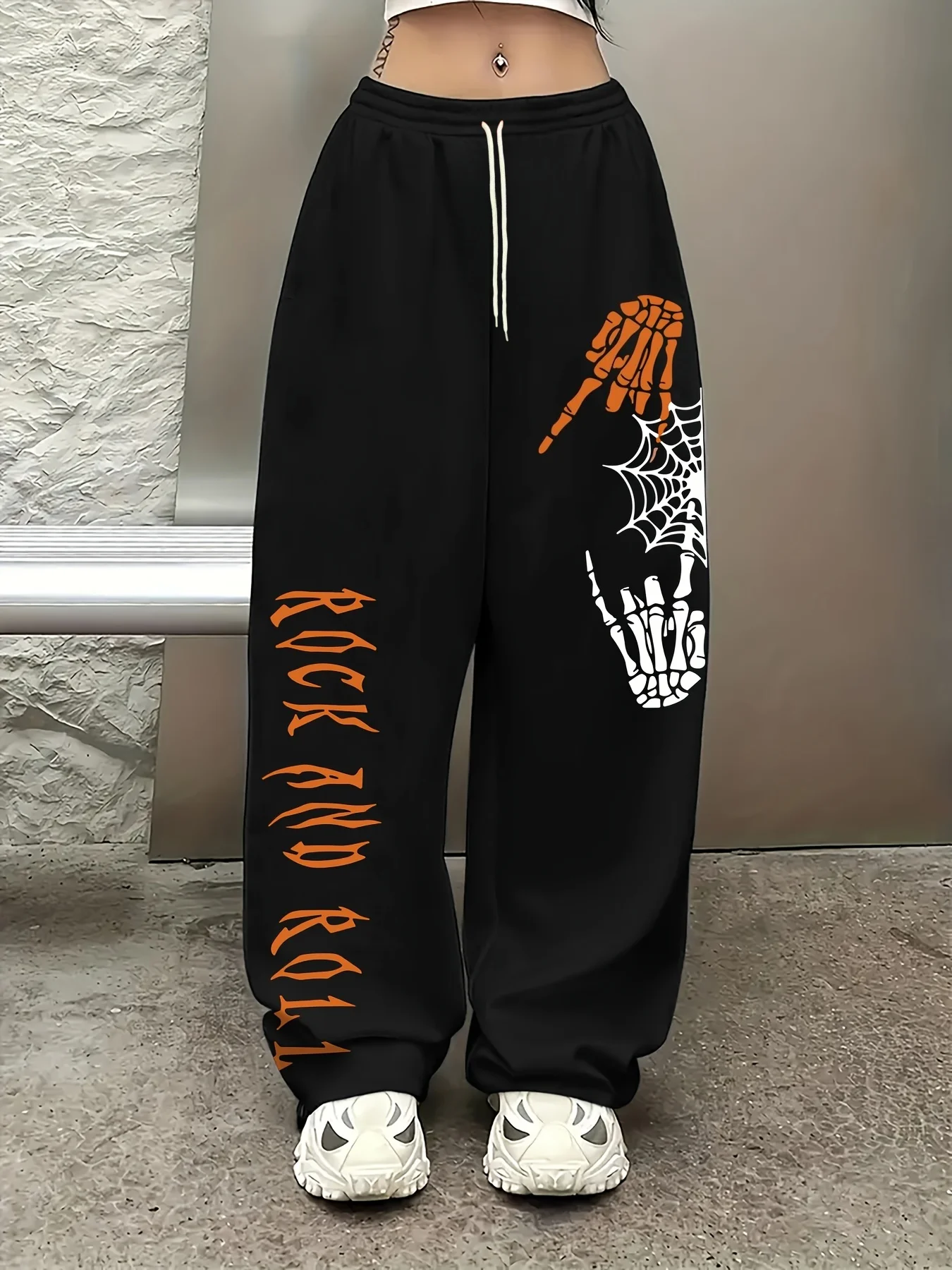 Rock And Roll Letter Printing Pants Casual Jogger Women's Drawstring Long Pant Fashion Street Female Sport Pants For Adults/Kids