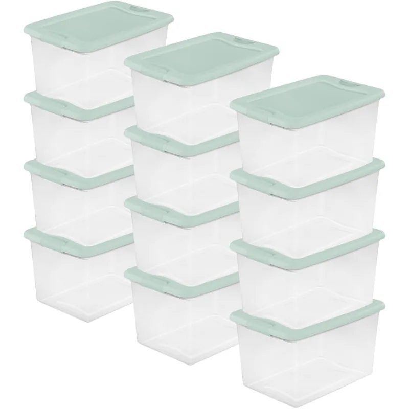 

12 Pack Latching Box, Clear Plastic Stackable Storage Bin with Lid, 64 Quart, Mindful Mint