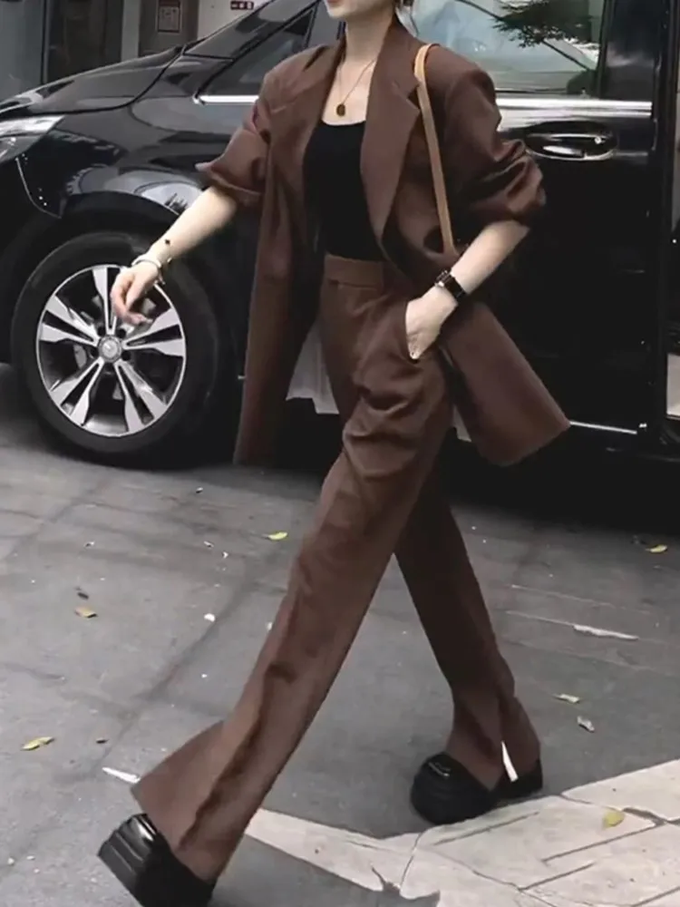 New Women Office Coffee Two-Piece Pantsuit Formal Elegant Blazer Female Set Business Casual Loose Pants Jacket Work Clothes