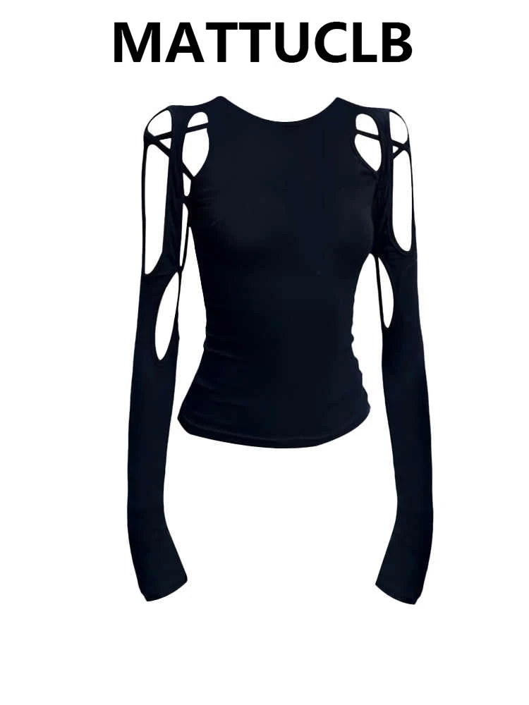 2026 Summer Women Hollow Out Top 2000s Coquette Dark Academia T-Shirt Gyaru Design Hot Long Sleeve Tees Y2k Stretch Trend New