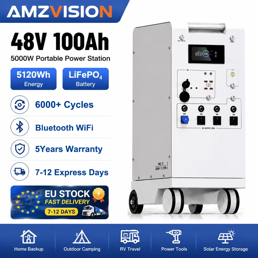 Tragbare Powerstation 5000W LiFePO4 48V 100Ah 5Kwh 6000W MPPT-Wechselrichter mit Licht 18W-USB EU AC Ein-/Ausgang PV-Eingang EU LAGERBESTAND