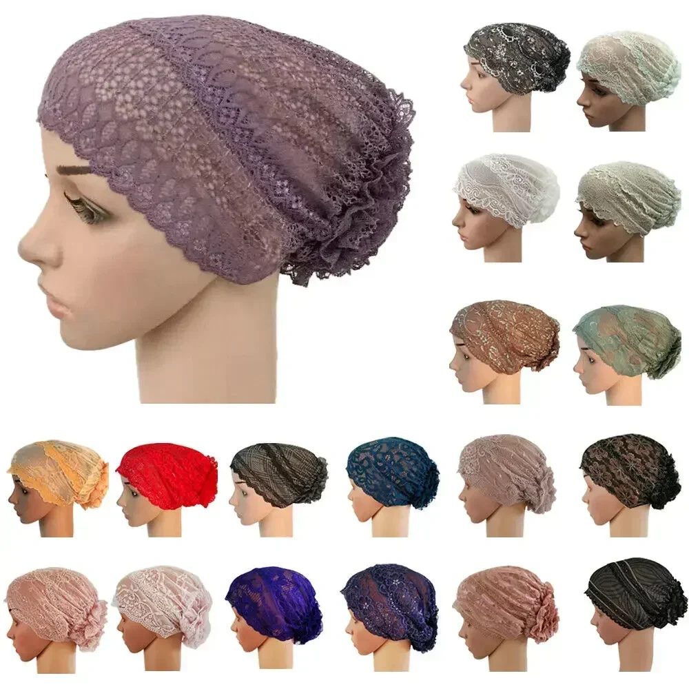 Muçulmano Hijab Chapéu Interno e Lenço para Mulheres, Boné De Renda, Turbante, Headwear, Underscarf, Islam, Lenço De Flor, Envoltório Bonnet, Cobertura De Perda De Cabelo