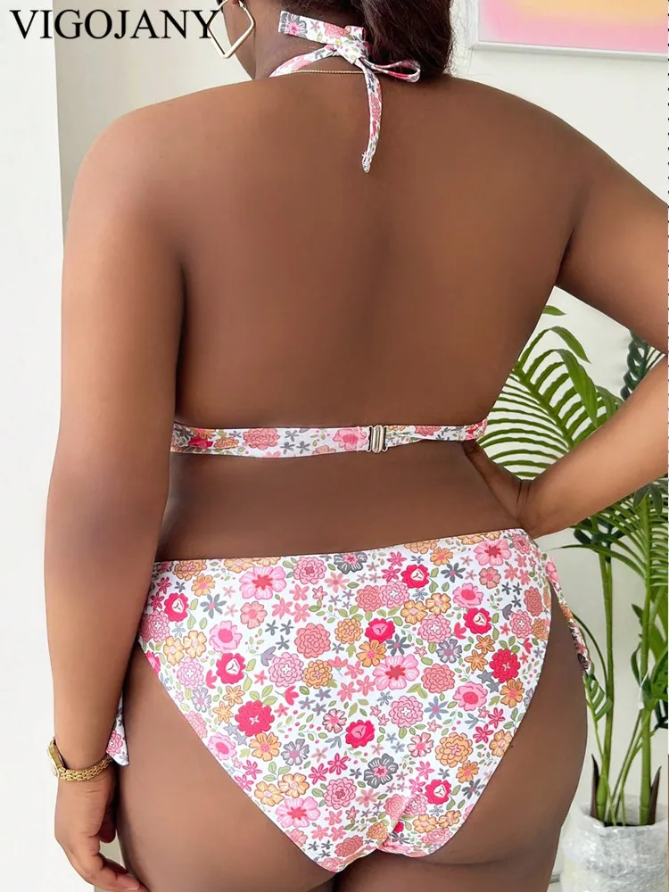 VigoJany 2025 Print Halter Plus Size Bikini Set Women Push Up Hollow Swimsuit High Waist Backless Strój kąpielowy Summer Bitchwear