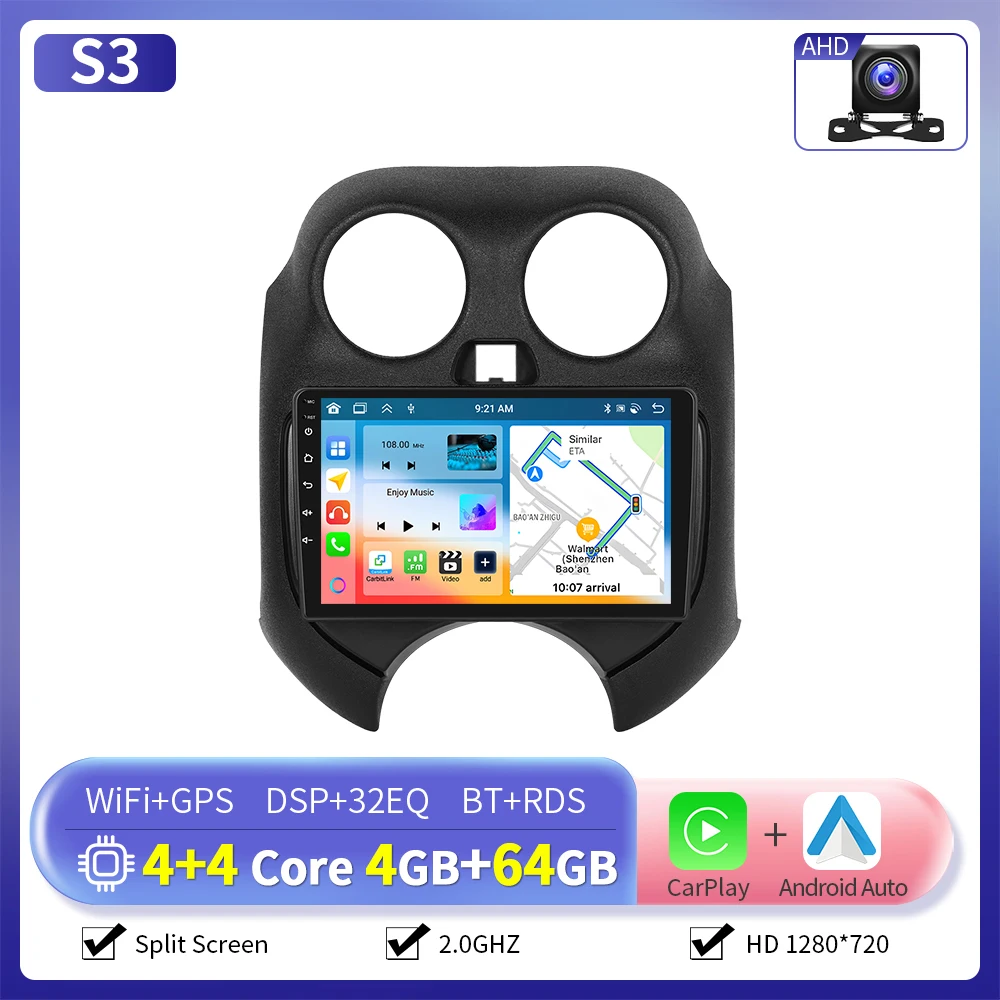 Camecho 9 "Draadloze Carplay Android Auto Autoradio Voor Nissan Micra 2010-2017 Multimedia Speler GPS 4G Wifi 2 Din Autoradio