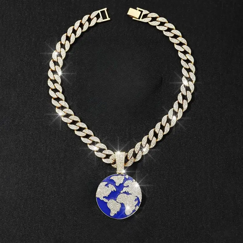 

Cuban Necklace Personalized Environmental Prote European and American Cross-Border New Dripping Oil Hip Hop Planet Earth Pendant