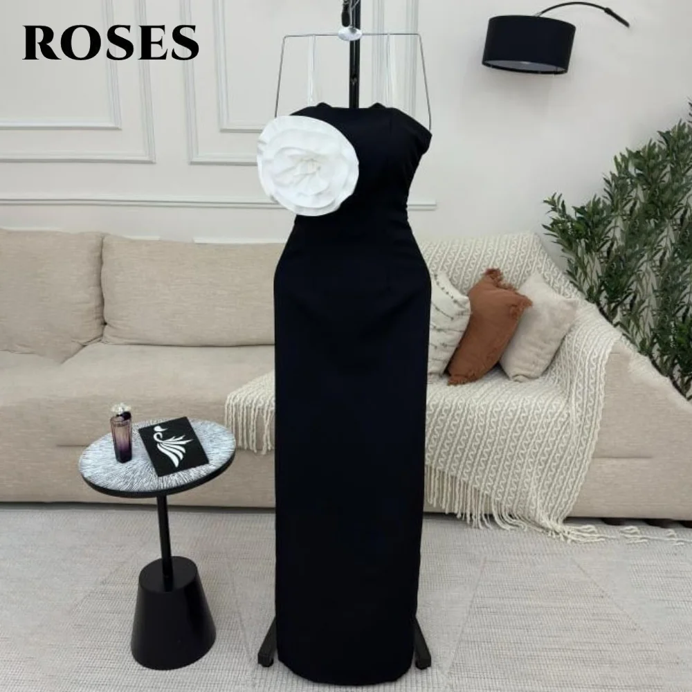

ROSES Black Elegant Wedding Trumpet Party Dress 3D-Flower Celebrity Dress Strapless Sleeveless Pleats Occasion Dress Customized