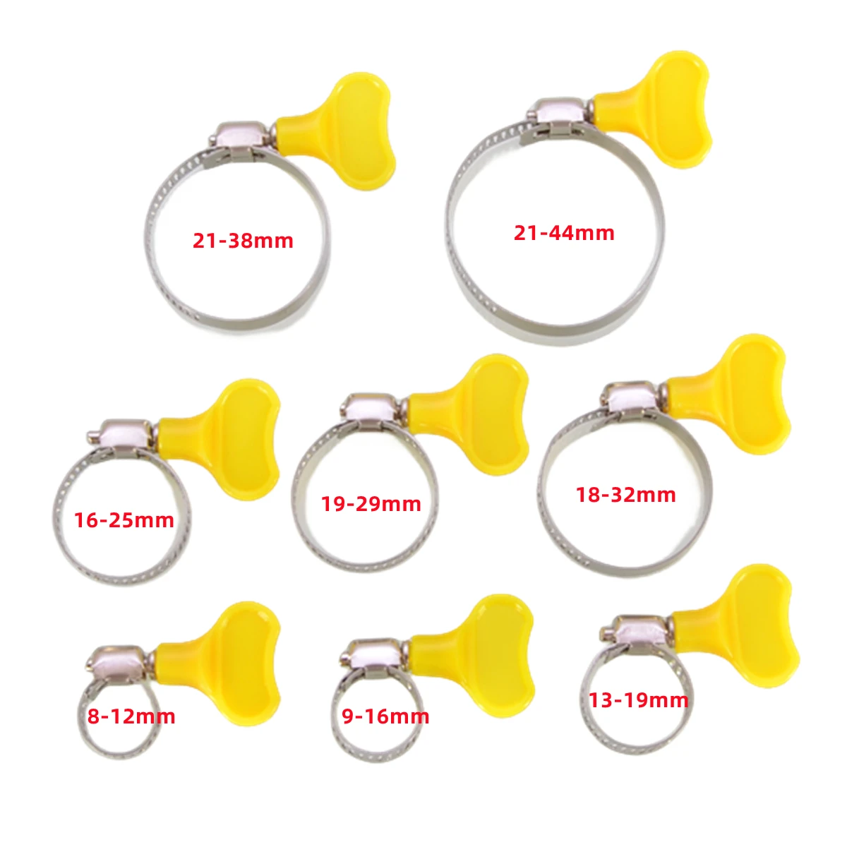 1 5 10PCS Adjustable 8-44mm 201 Stainless Steel Pipe Clips For Tube Yellow Plastic Handle Hand Twist Hose Clamps Worm Driving