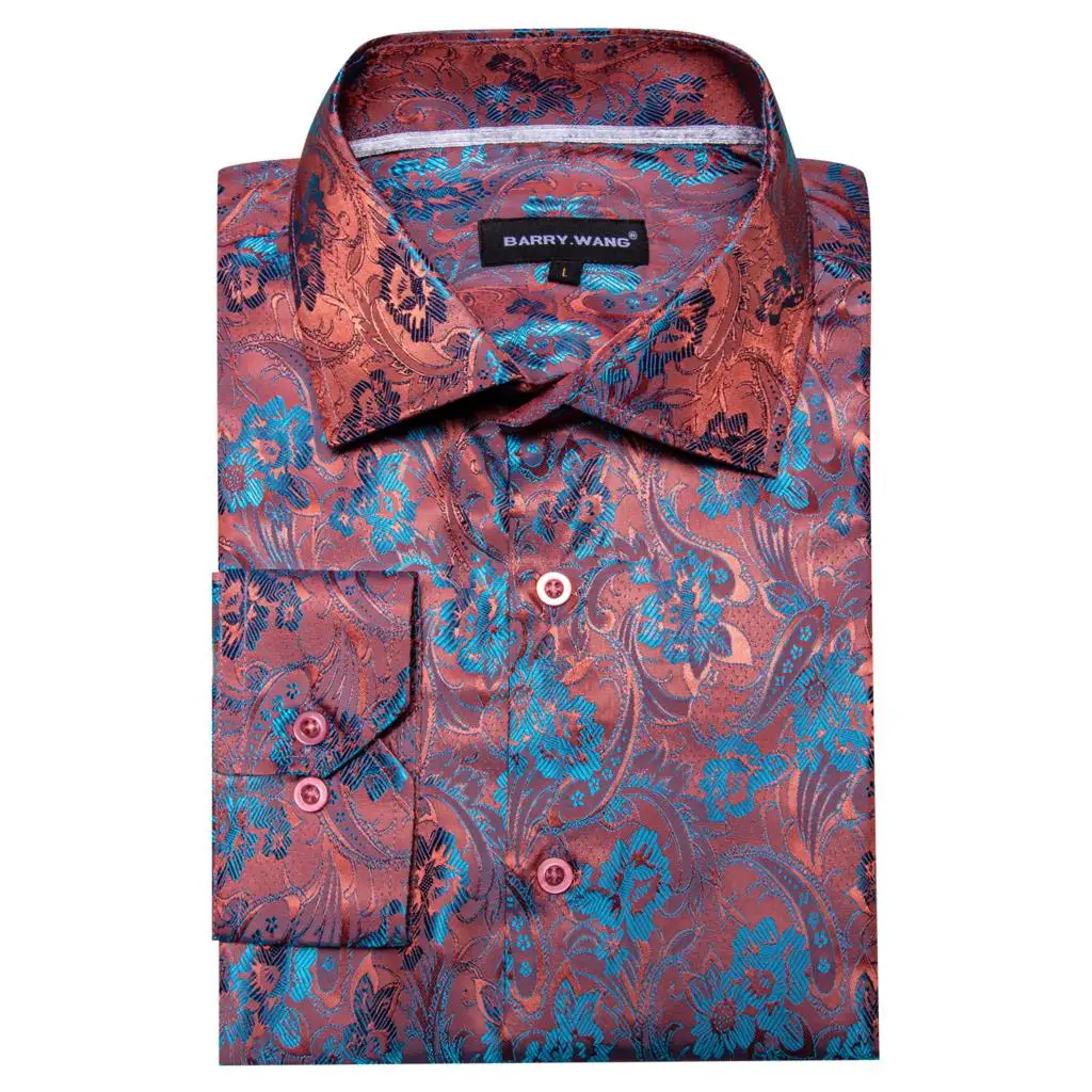 Luxury Shirts for Men Embroidered Silk Red Teal Floral Shine Long Sleeve Slim Fit Male Blouses Tops Breathable Clothing
