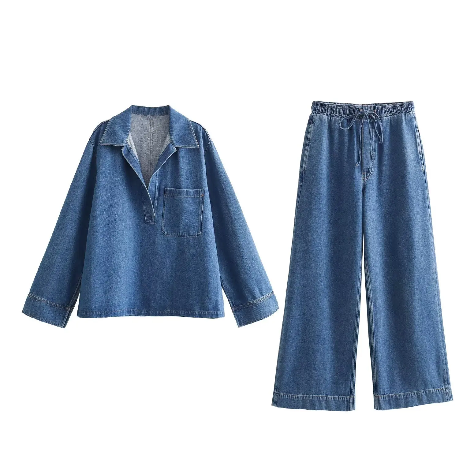 

2025 Summer New Women's Clothing Washed Blue Denim Loose Shirt Jeans Set Women's Europe and America