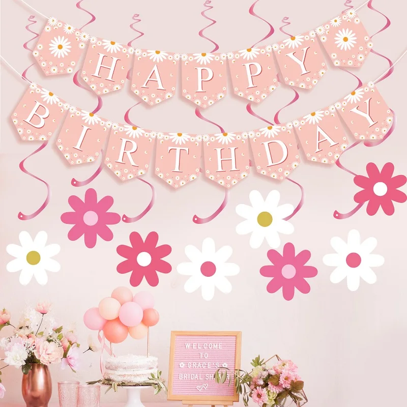 Pink Daisy Theme Happy Birthday Banner Set Daisy Flower Spiral Hanging Tags Pink-Gold-White Stitched Round Patches